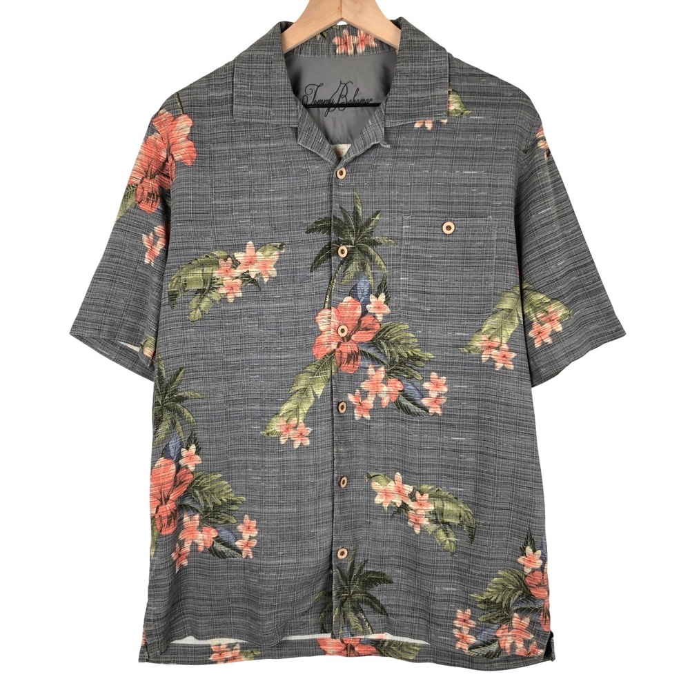 TOMMY‎ BAHAMA 100% Silk Tropical Floral Palm Shirt Men's M Gray Loop Collar EUC